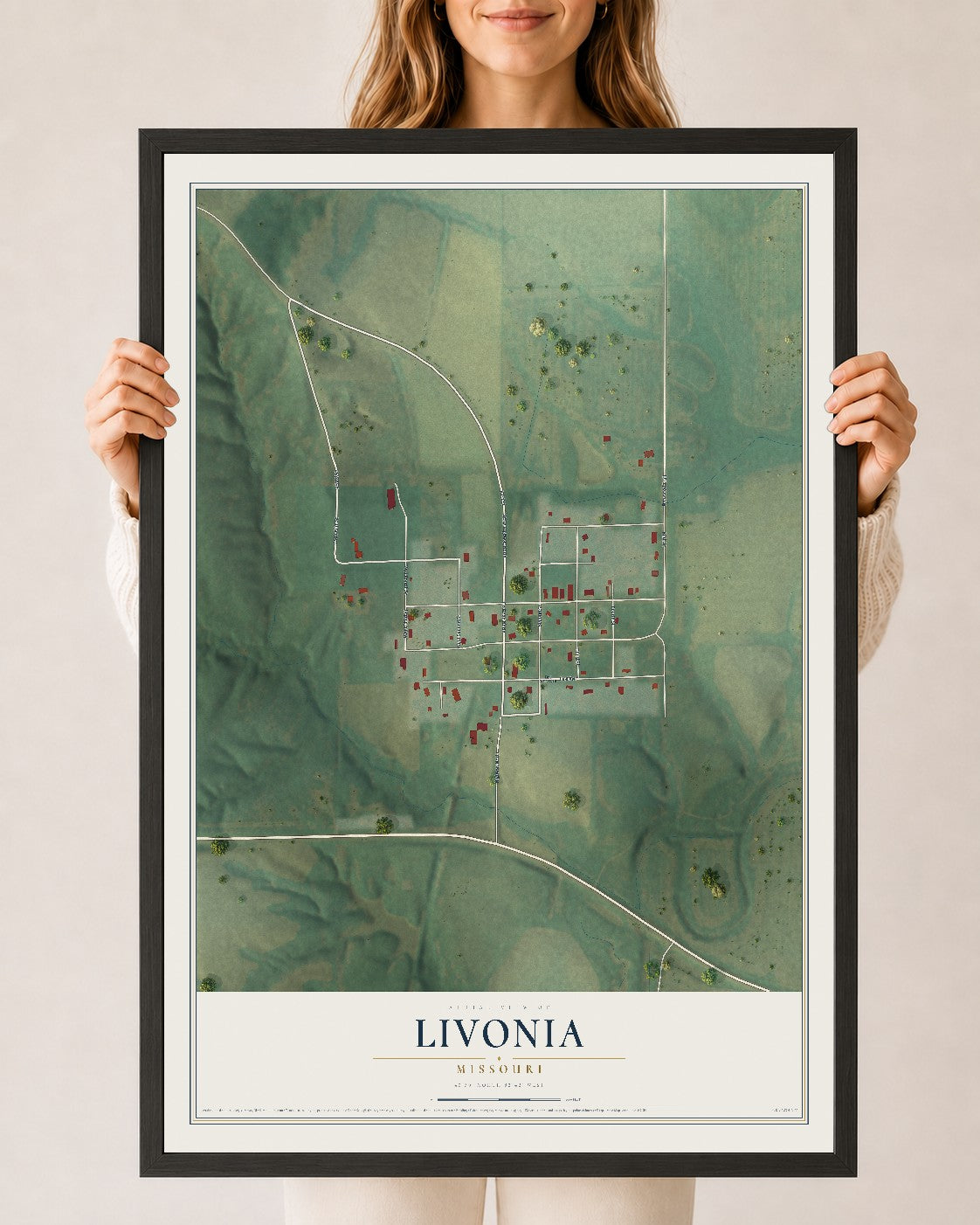 Map of Livonia, Missouri, 24 x 36 inch print in a black wood frame