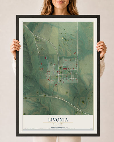 Map of Livonia, Missouri, 24 x 36 inch print in a black wood frame