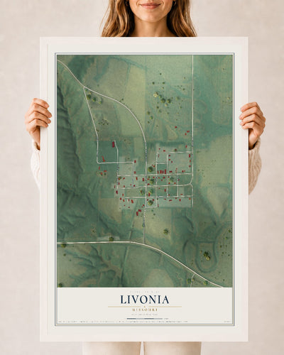 Map of Livonia, Missouri, 24 x 36 inch print in a white wood frame
