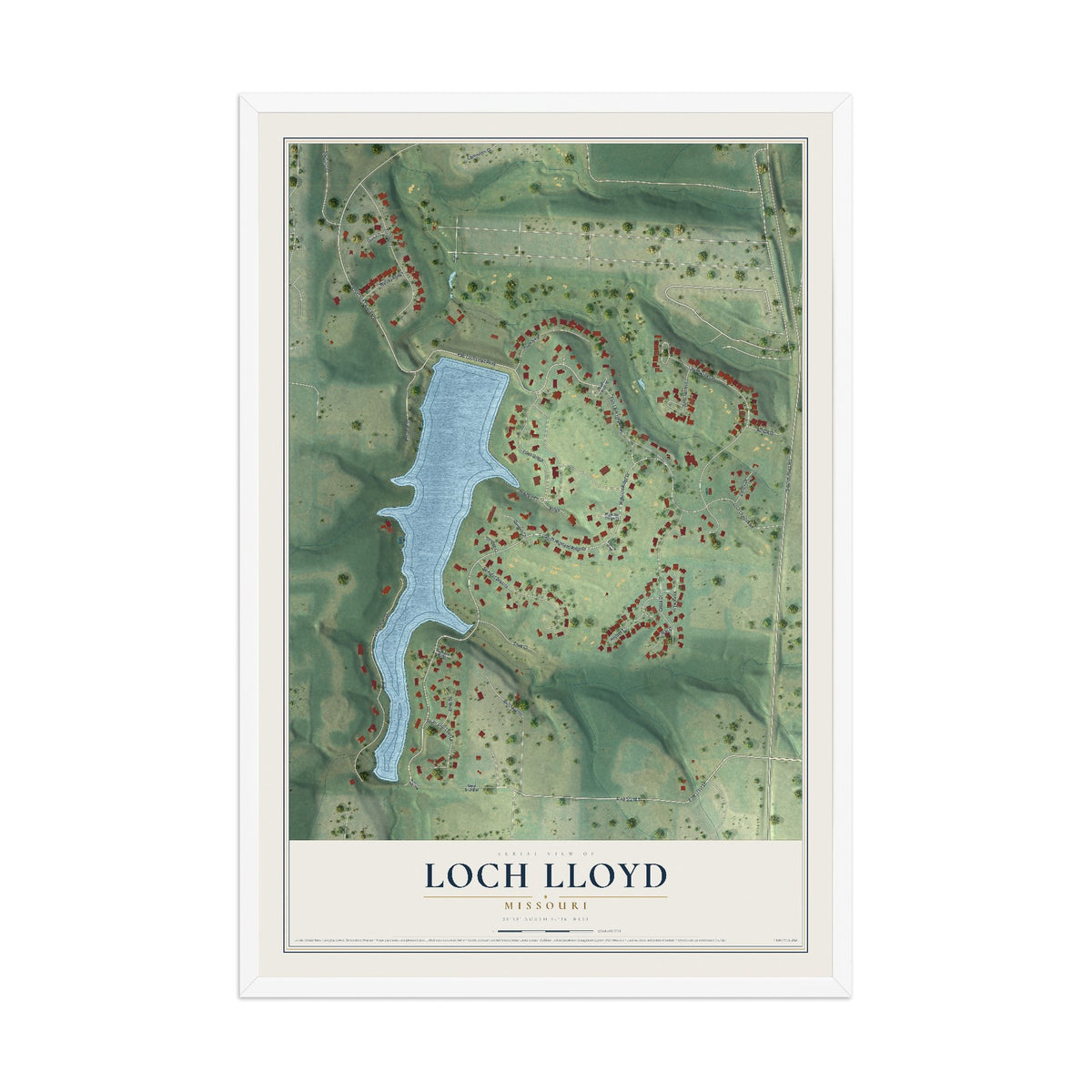 Map of Loch Lloyd, Missouri, 12 x 18 inch print in a white wood frame
