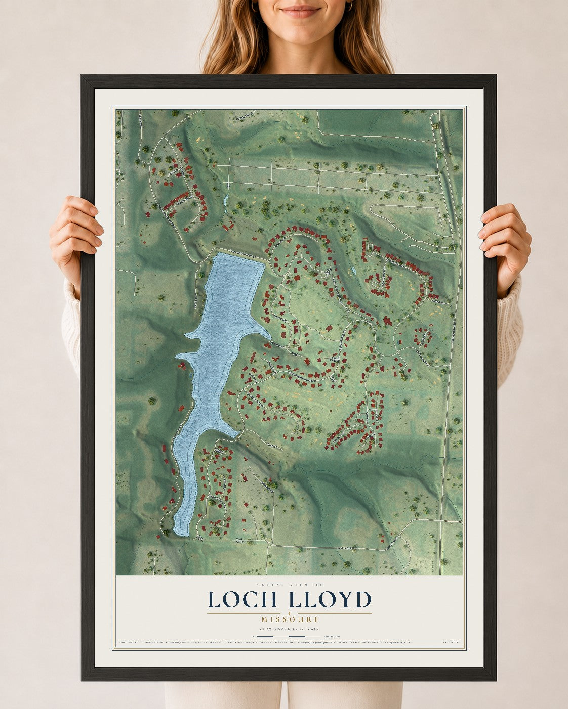 Map of Loch Lloyd, Missouri, 24 x 36 inch print in a black wood frame