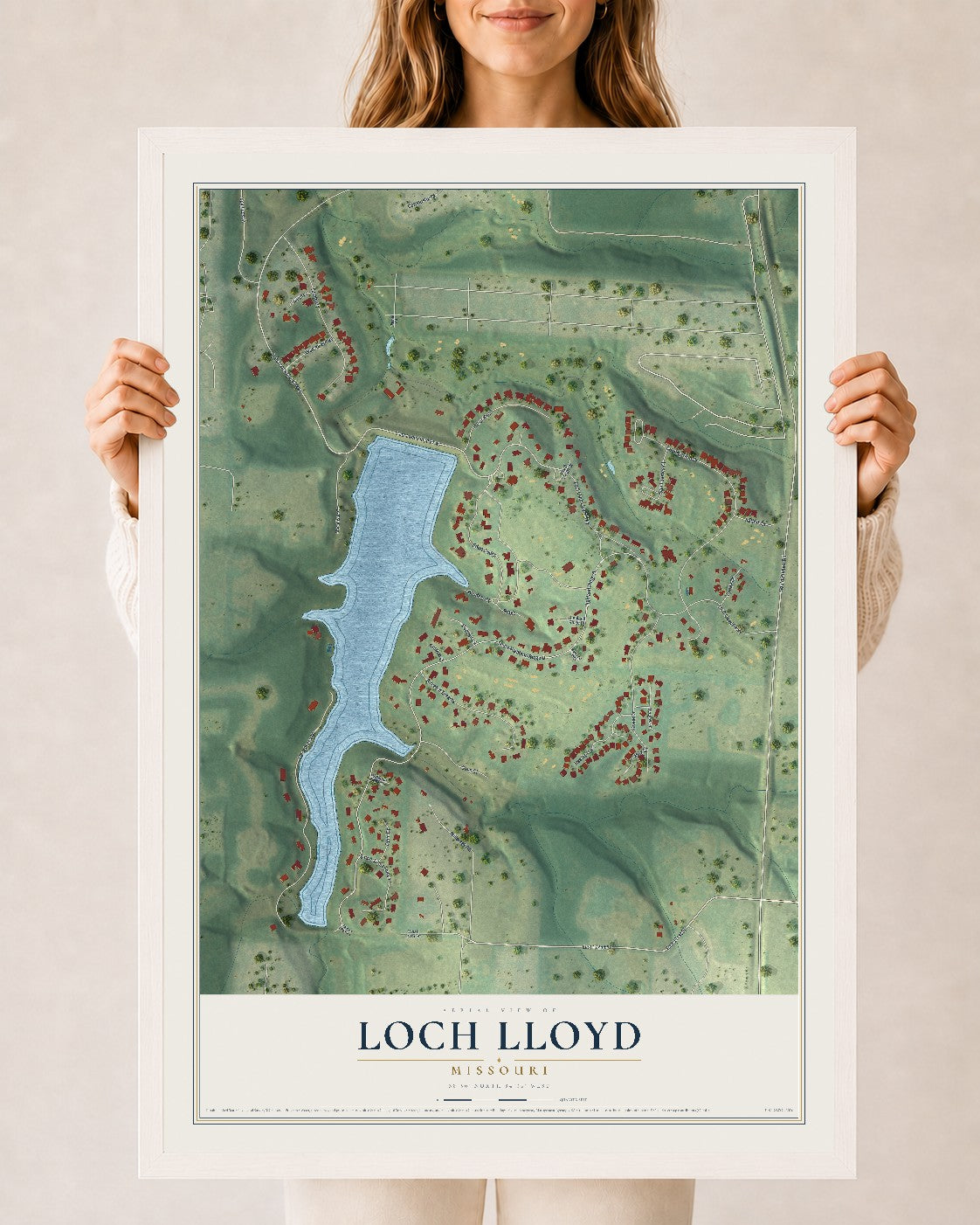 Map of Loch Lloyd, Missouri, 24 x 36 inch print in a white wood frame