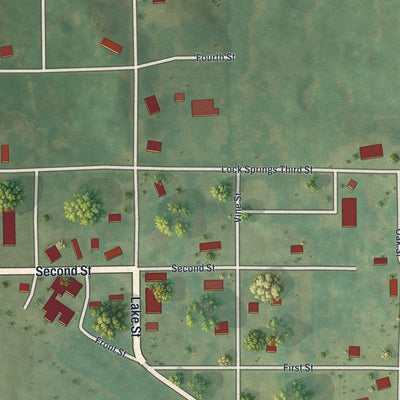 Close-up of the map of Lock Springs, Missouri print showing street and building detail