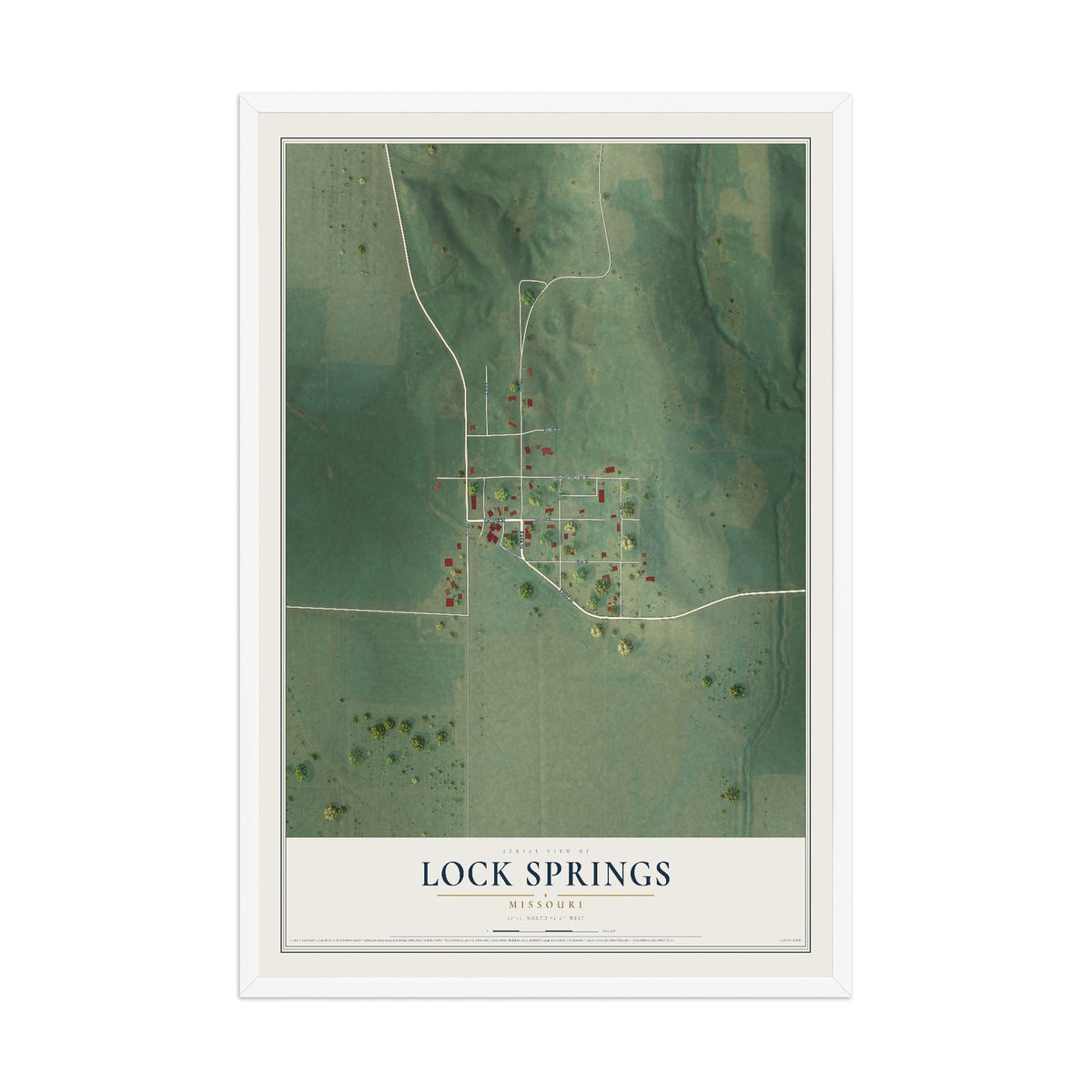 Map of Lock Springs, Missouri, 12 x 18 inch print in a white wood frame