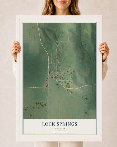 Map of Lock Springs, Missouri, 24 x 36 inch print in a white wood frame