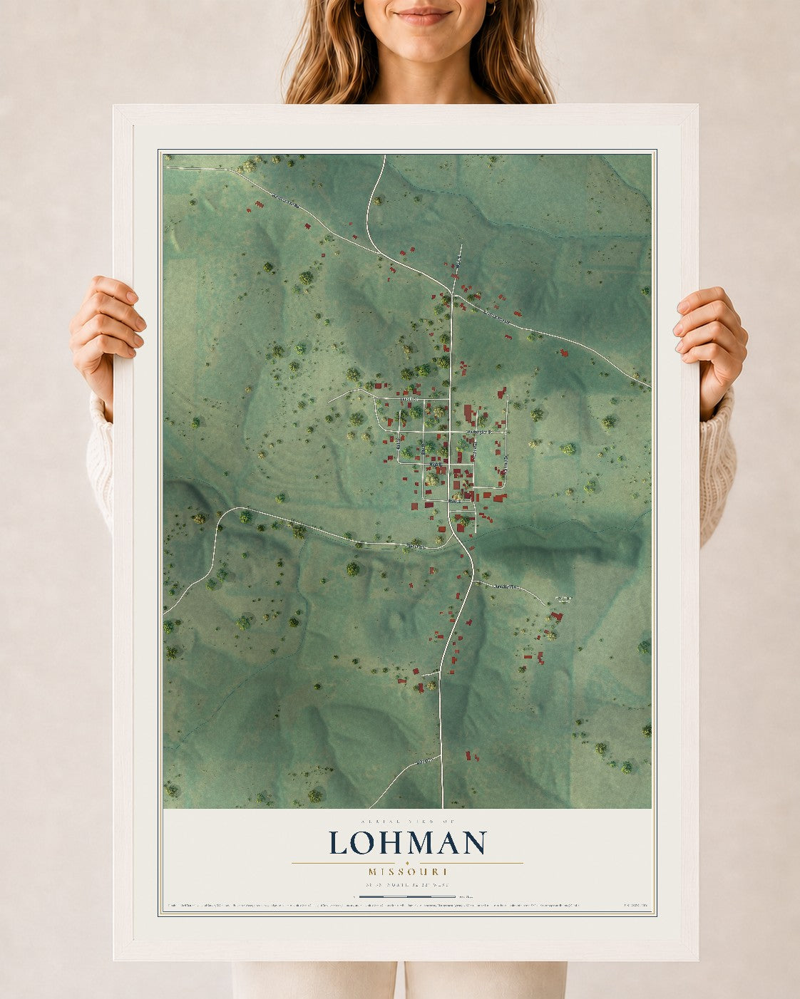 Map of Lohman, Missouri, 24 x 36 inch print in a white wood frame