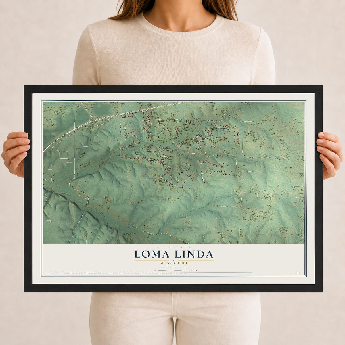 Map of Loma Linda, Missouri, 12 x 18 inch print in a black wood frame