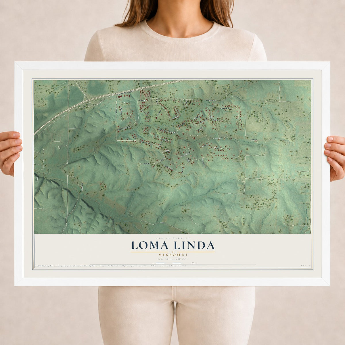 Map of Loma Linda, Missouri, 18 x 24 inch print in a white wood frame