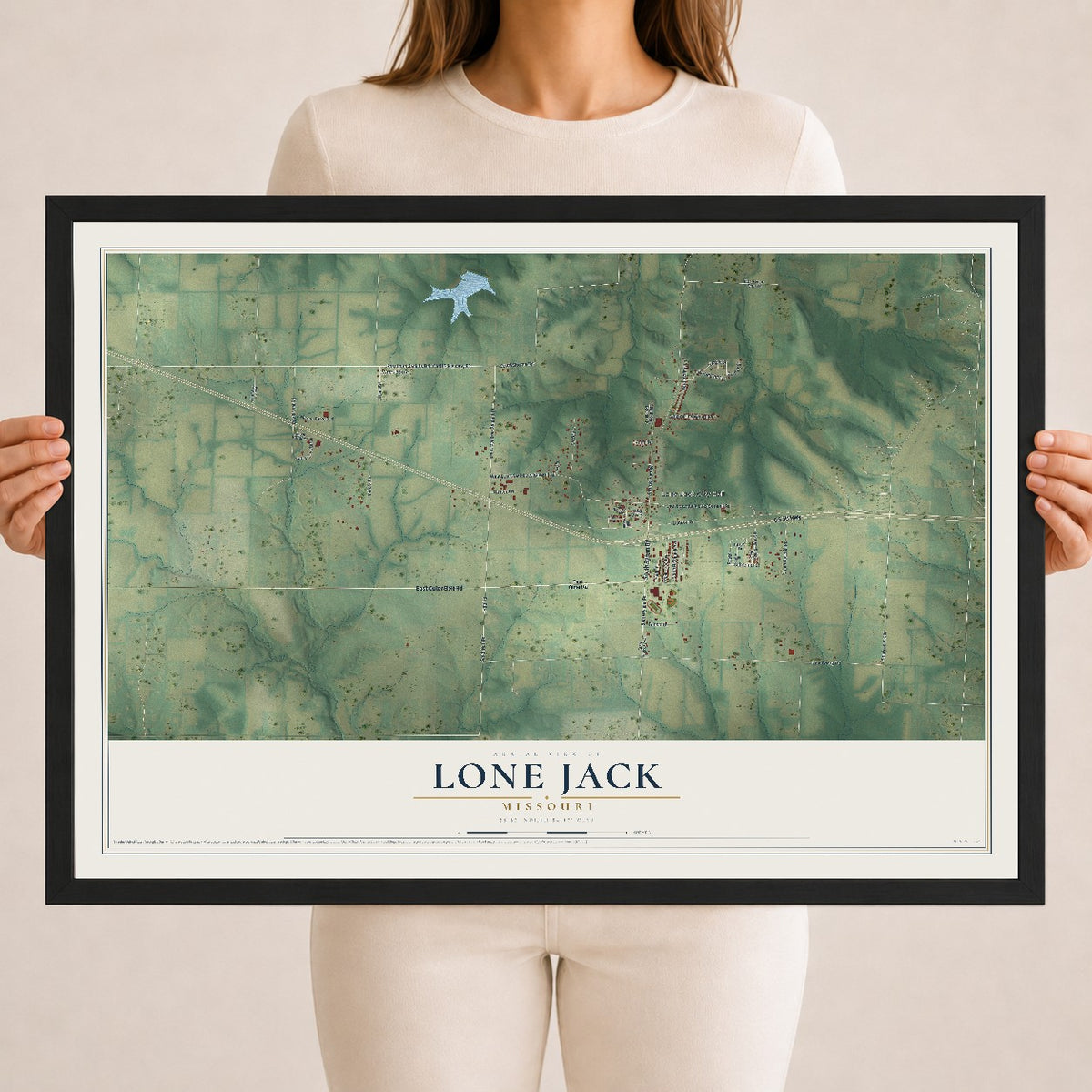 Map of Lone Jack, Missouri, 18 x 24 inch print in a black wood frame