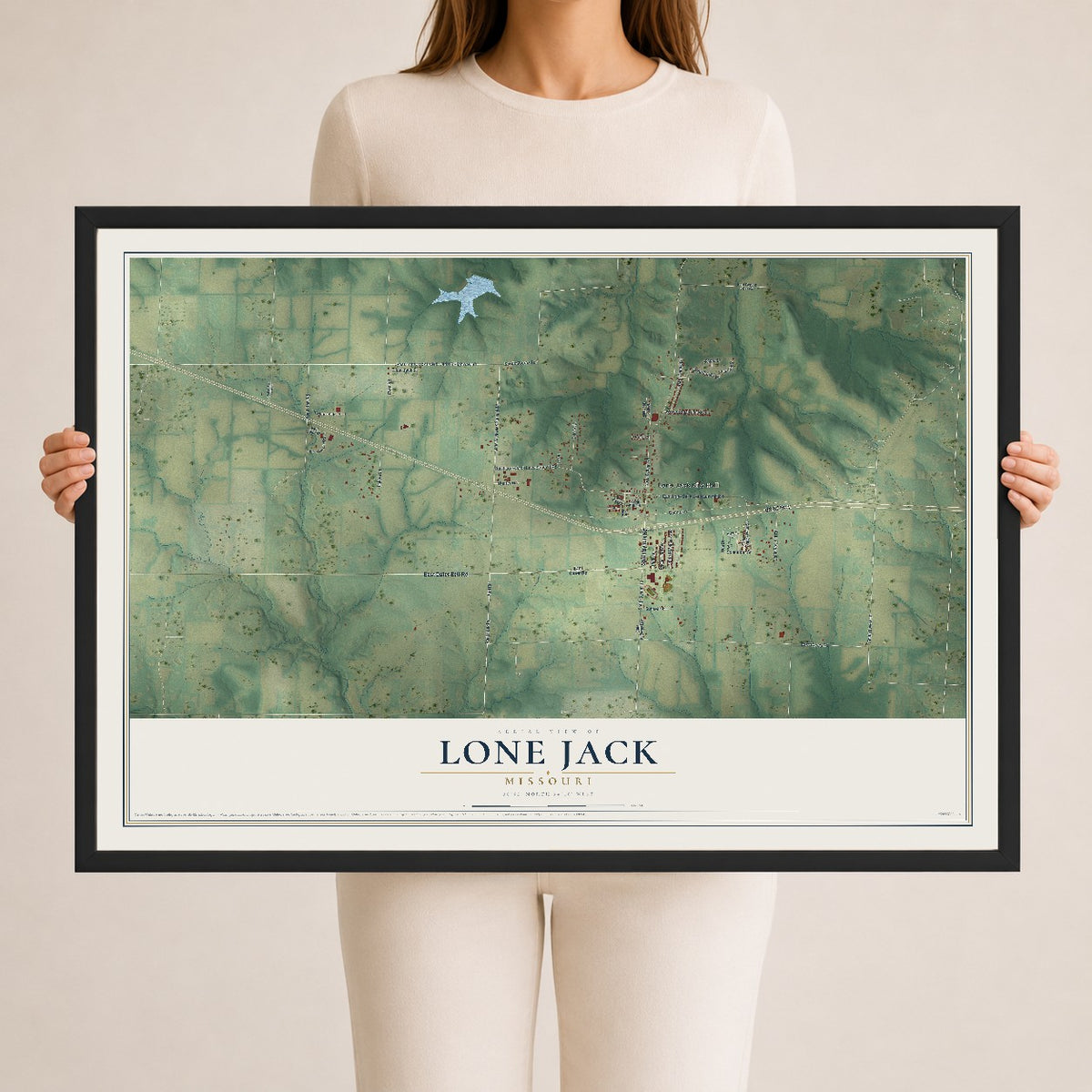 Map of Lone Jack, Missouri, 24 x 36 inch print in a black wood frame