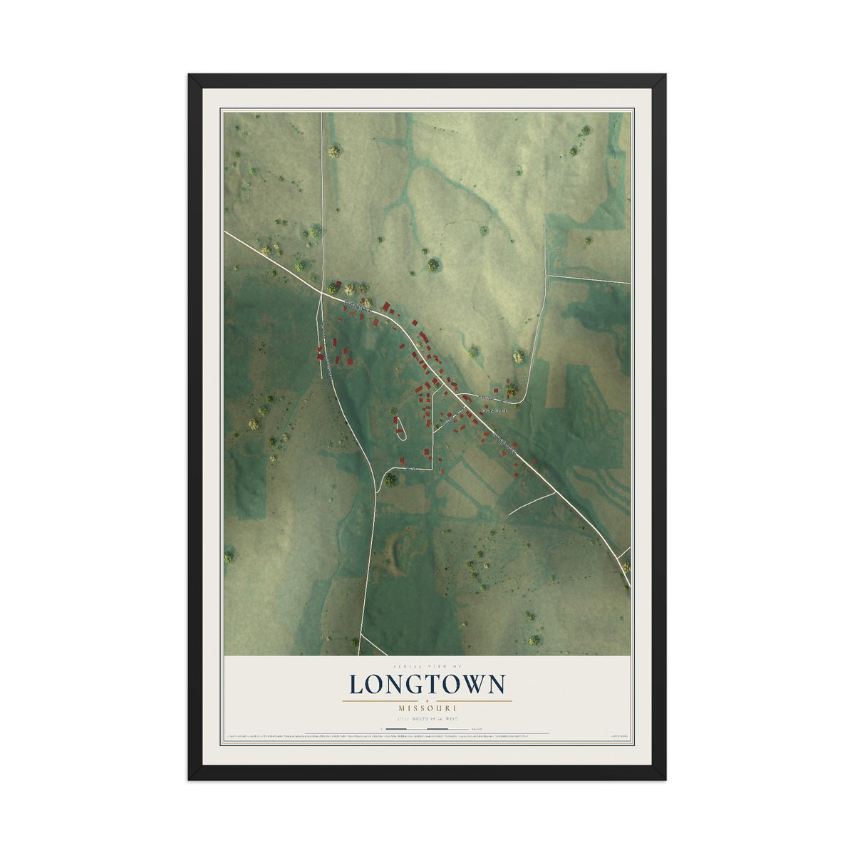 Map of Longtown, Missouri, 12 x 18 inch print in a black wood frame