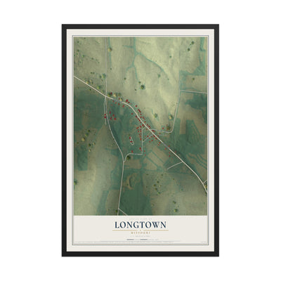 Map of Longtown, Missouri, 12 x 18 inch print in a black wood frame