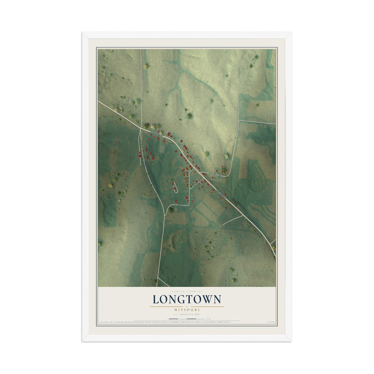 Map of Longtown, Missouri, 12 x 18 inch print in a white wood frame