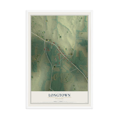 Map of Longtown, Missouri, 12 x 18 inch print in a white wood frame