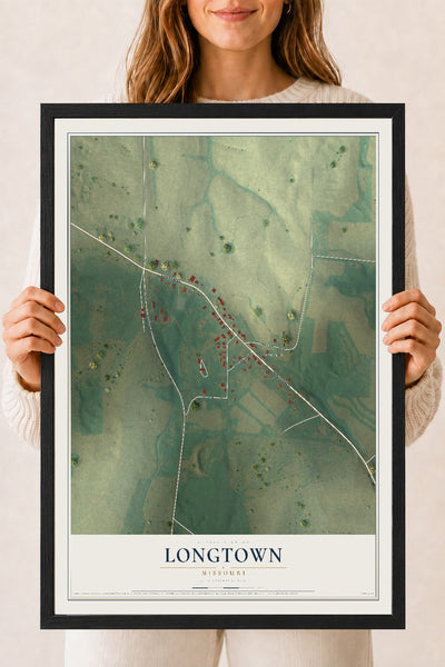 Map of Longtown, Missouri, 18 x 24 inch print in a black wood frame