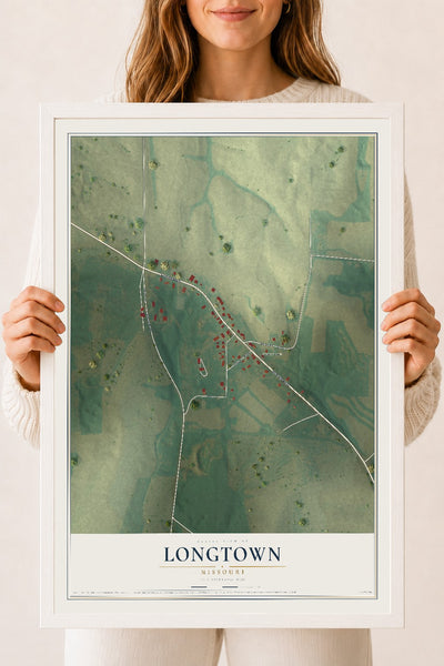 Map of Longtown, Missouri, 18 x 24 inch print in a white wood frame
