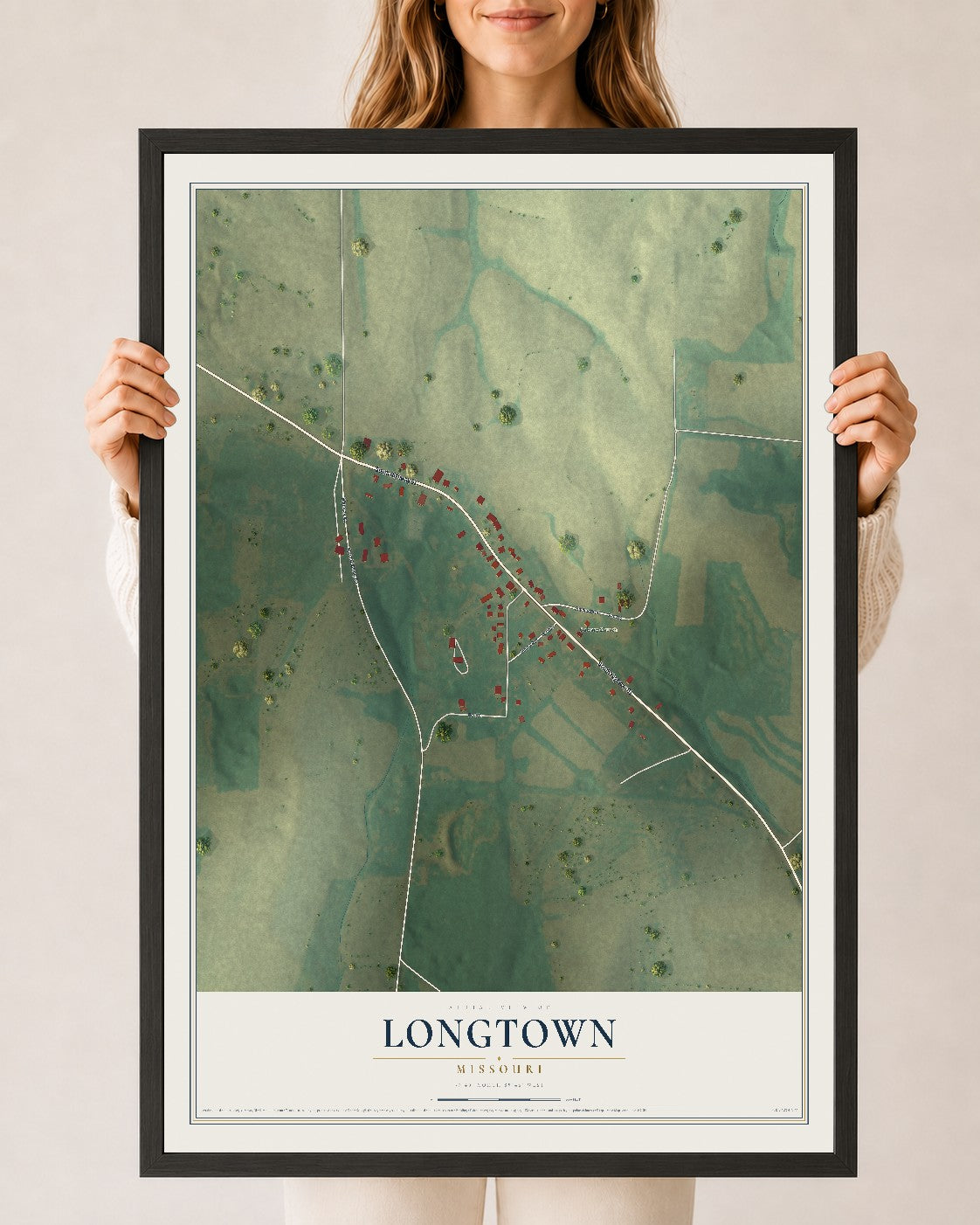 Map of Longtown, Missouri, 24 x 36 inch print in a black wood frame