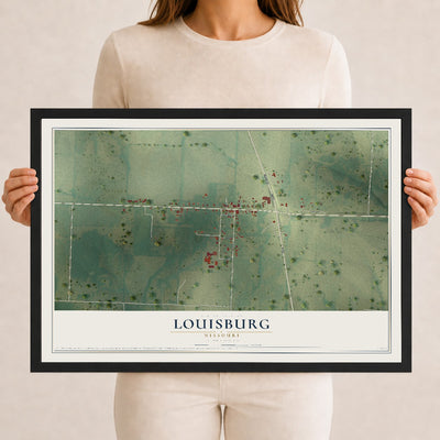 Map of Louisburg, Missouri, 12 x 18 inch print in a black wood frame