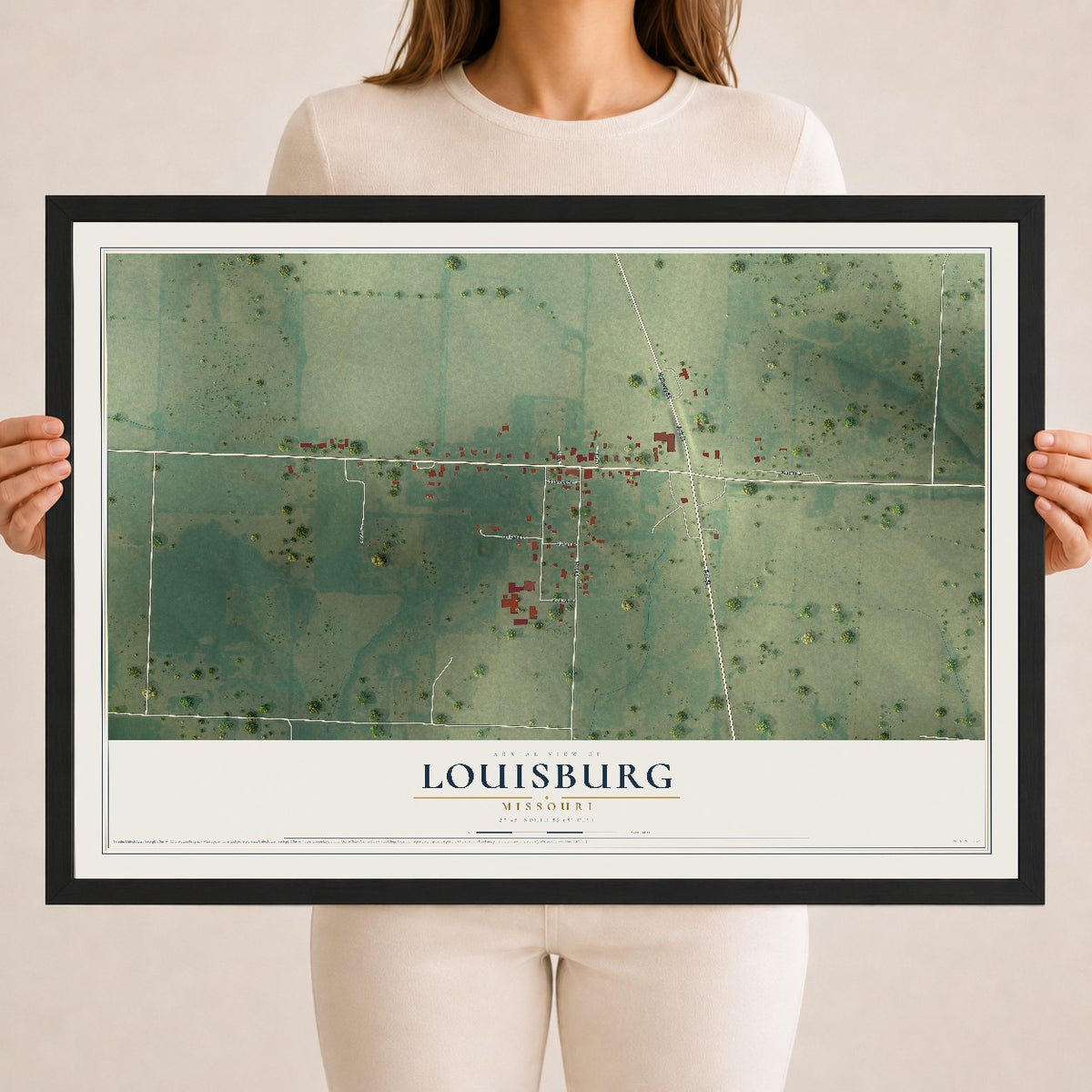 Map of Louisburg, Missouri, 18 x 24 inch print in a black wood frame