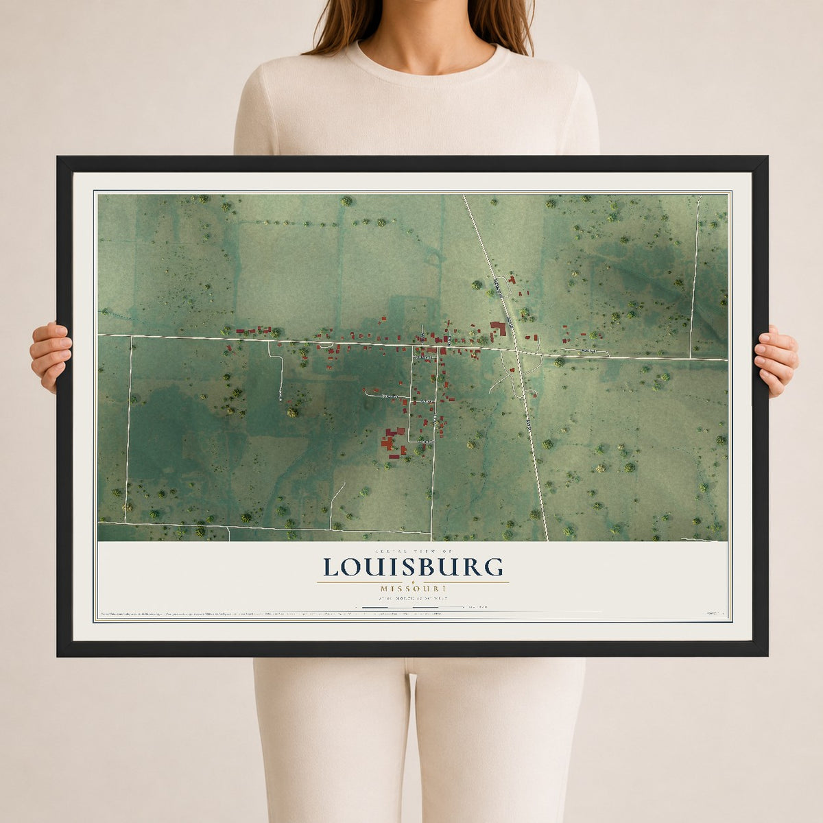 Map of Louisburg, Missouri, 24 x 36 inch print in a black wood frame