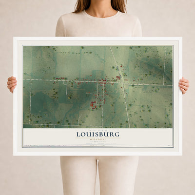 Map of Louisburg, Missouri, 24 x 36 inch print in a white wood frame