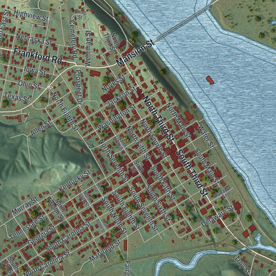 Close-up of the map of Louisiana, Missouri print showing street and building detail