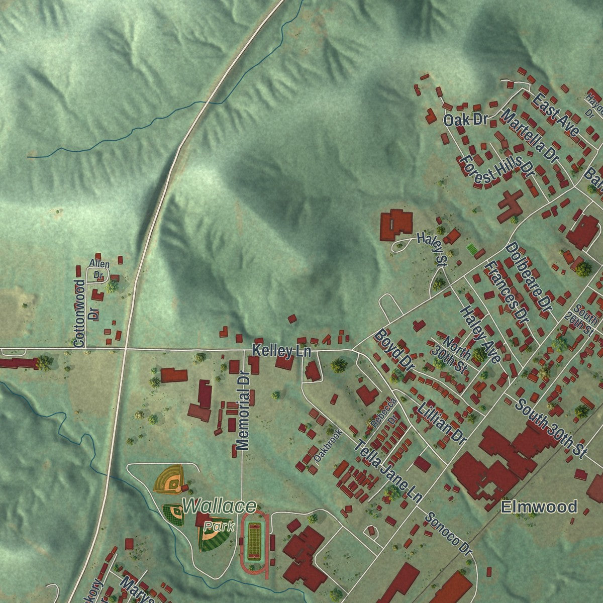 Second close-up of the map of Louisiana, Missouri print showing more streets and buildings
