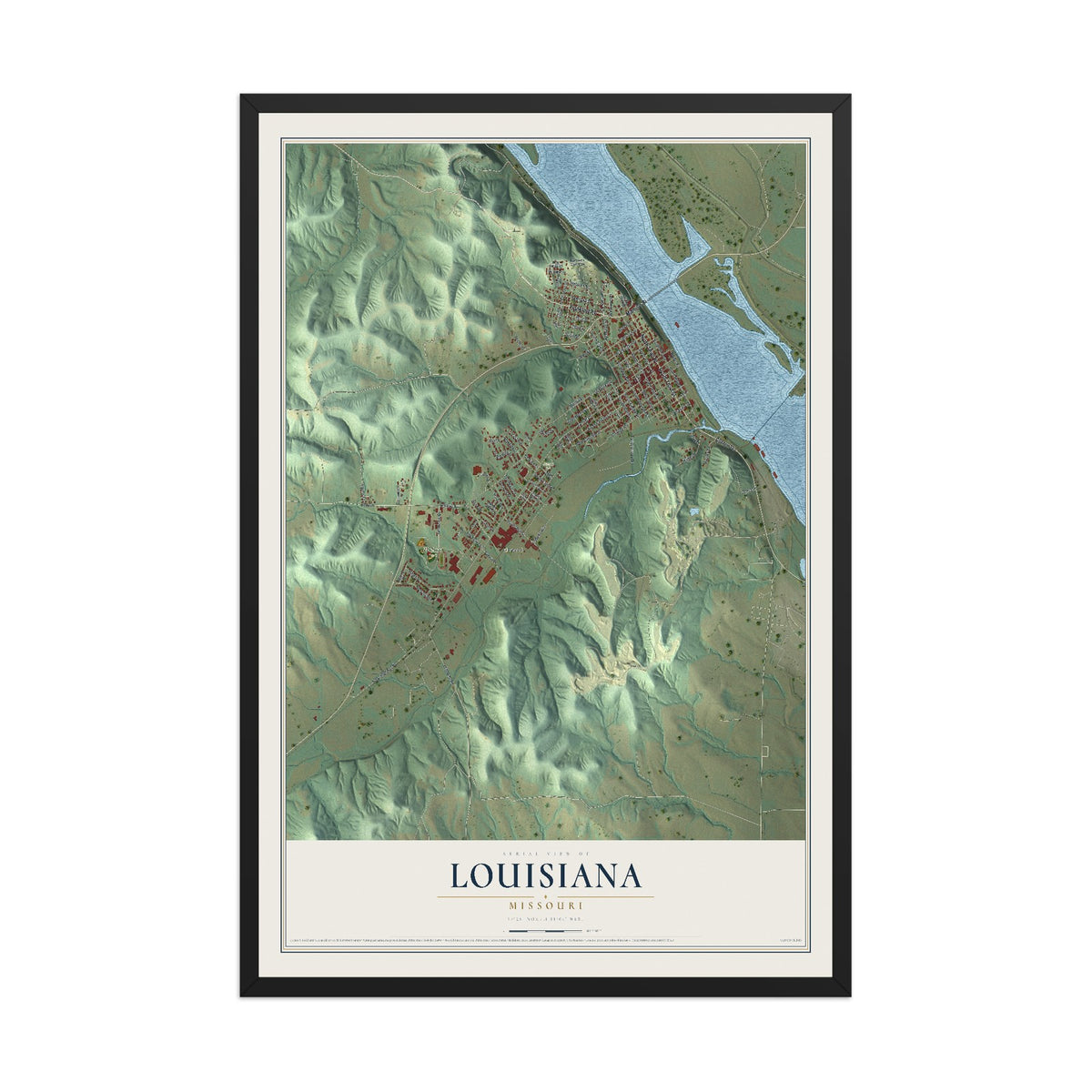 Map of Louisiana, Missouri, 12 x 18 inch print in a black wood frame