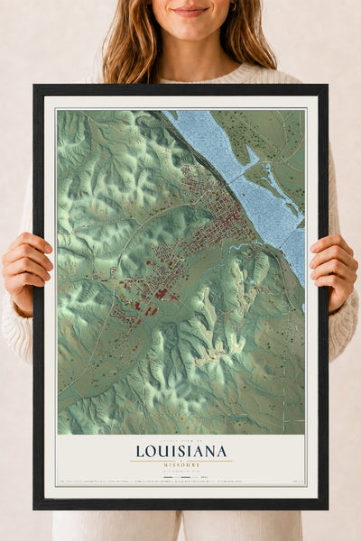 Map of Louisiana, Missouri, 18 x 24 inch print in a black wood frame