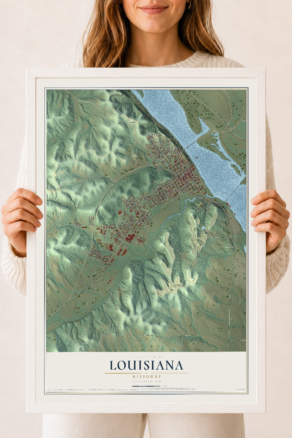 Map of Louisiana, Missouri, 18 x 24 inch print in a white wood frame
