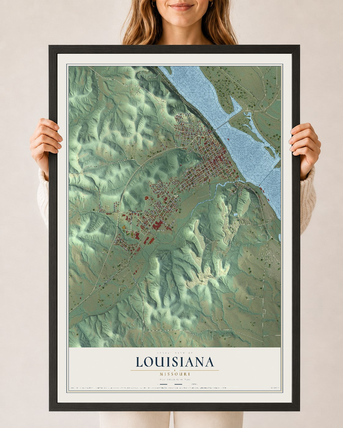 Map of Louisiana, Missouri, 24 x 36 inch print in a black wood frame