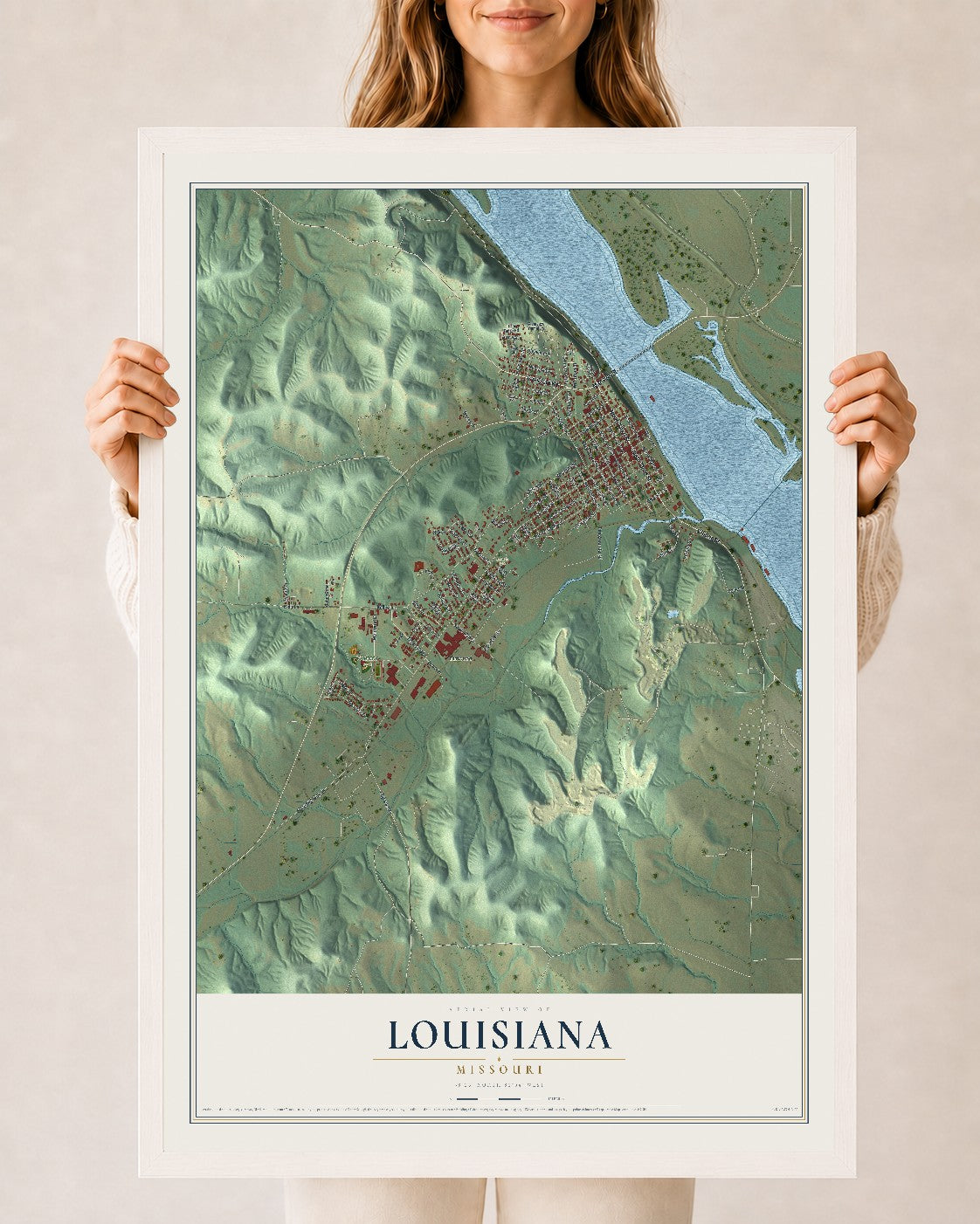 Map of Louisiana, Missouri, 24 x 36 inch print in a white wood frame