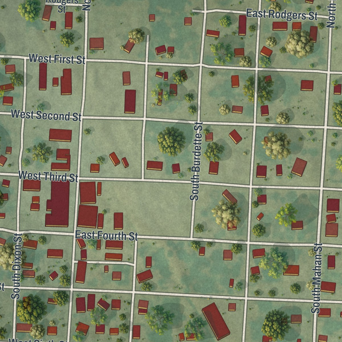 Close-up of the map of Lowry City, Missouri print showing street and building detail