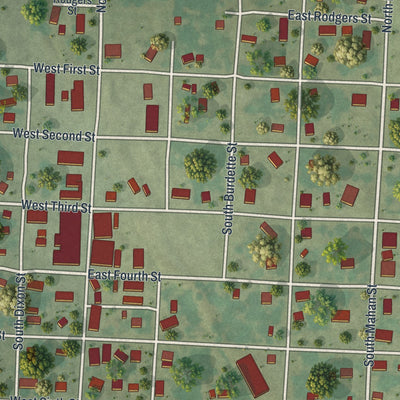 Close-up of the map of Lowry City, Missouri print showing street and building detail