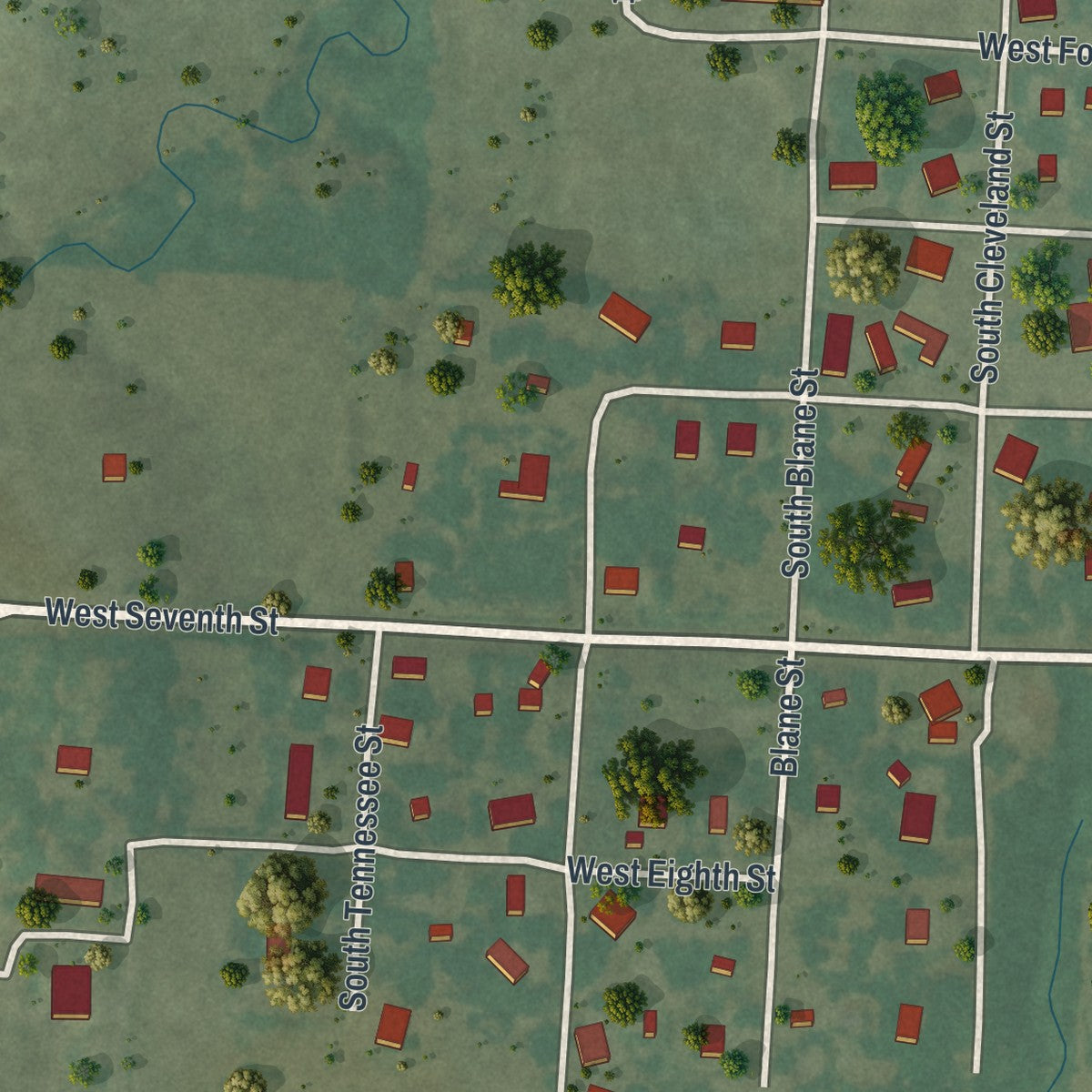 Second close-up of the map of Lowry City, Missouri print showing more streets and buildings