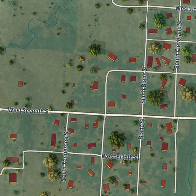 Second close-up of the map of Lowry City, Missouri print showing more streets and buildings