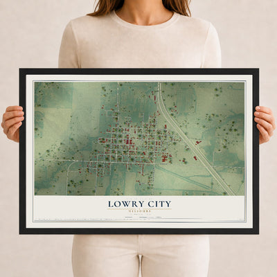 Map of Lowry City, Missouri, 12 x 18 inch print in a black wood frame