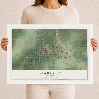 Map of Lowry City, Missouri, 12 x 18 inch print in a white wood frame