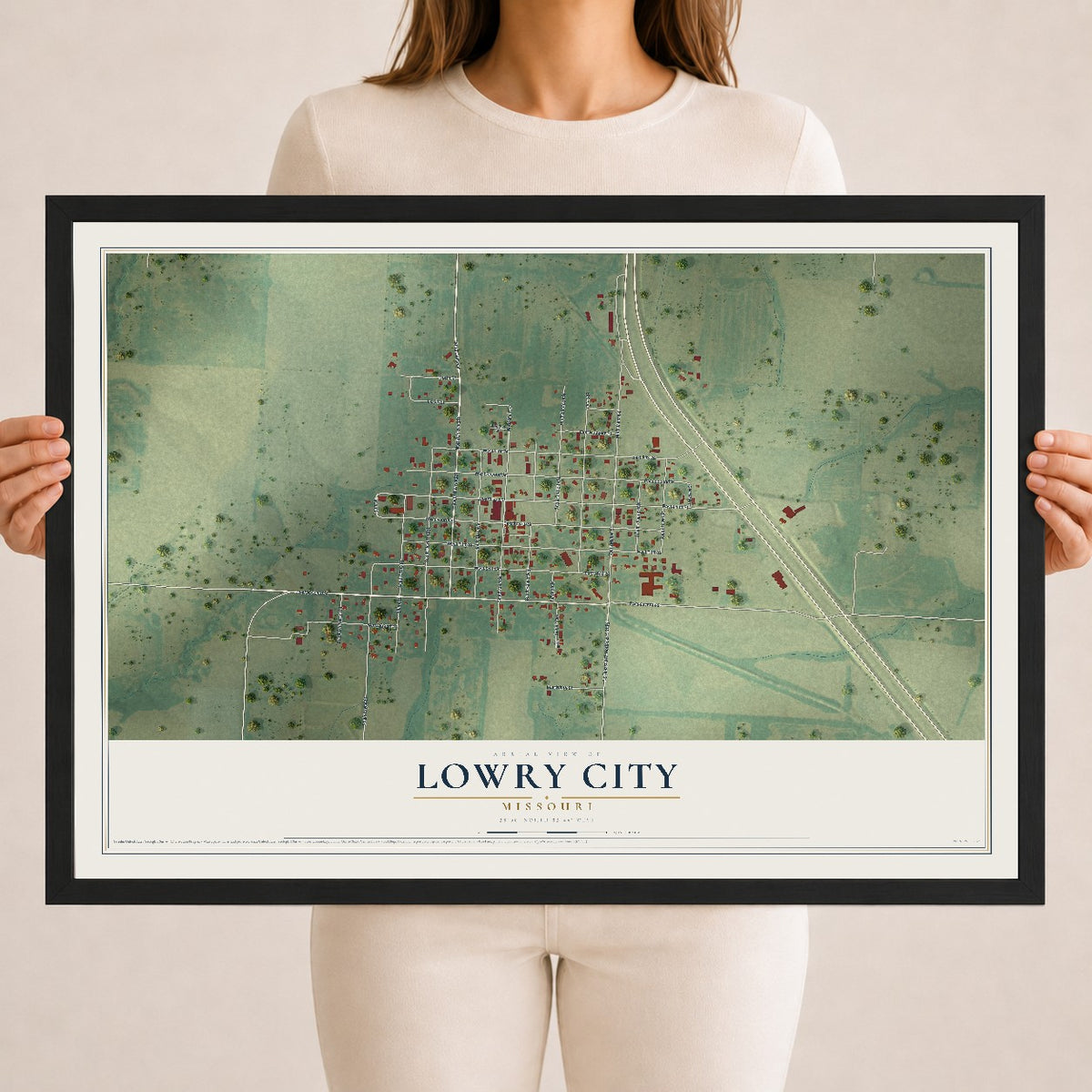 Map of Lowry City, Missouri, 18 x 24 inch print in a black wood frame