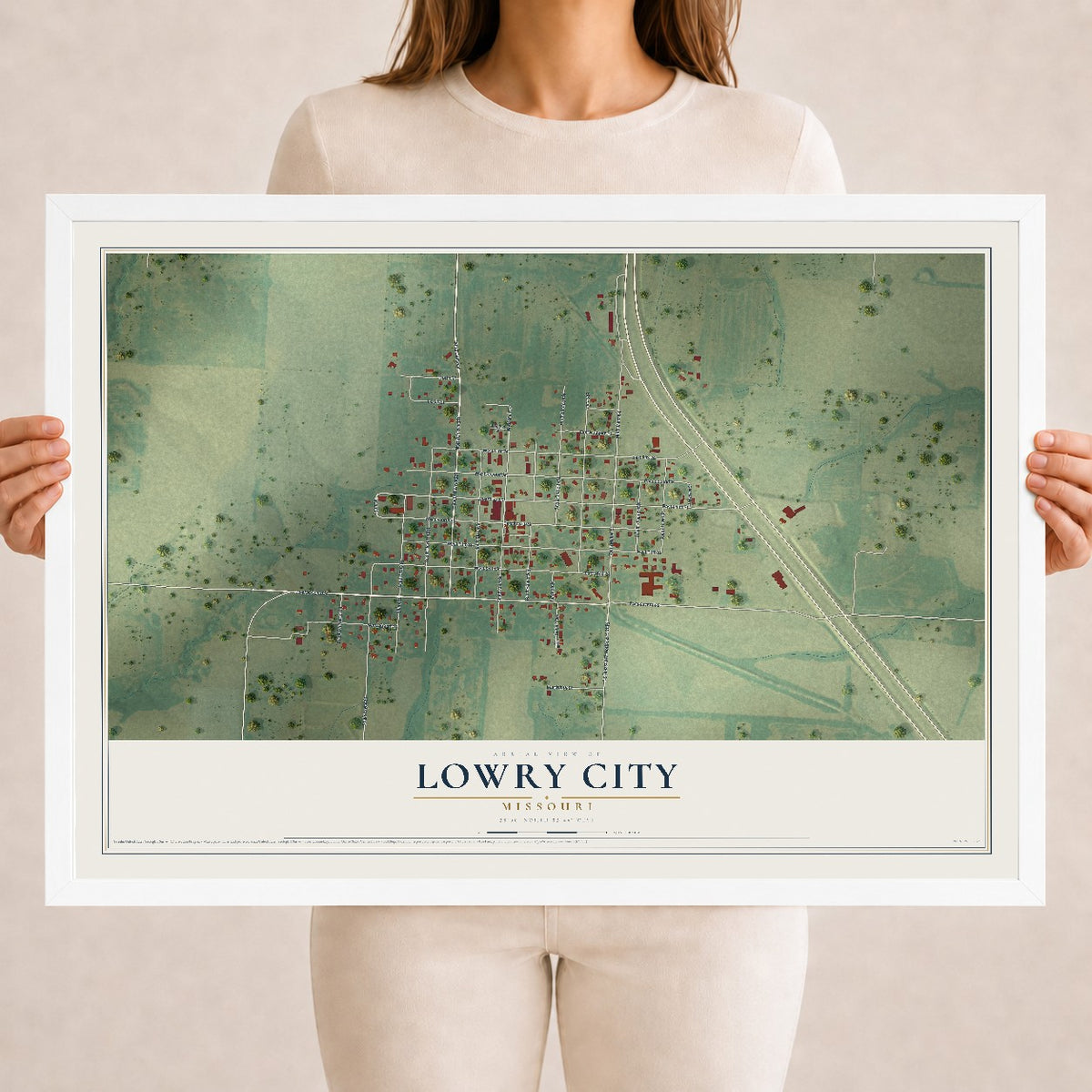 Map of Lowry City, Missouri, 18 x 24 inch print in a white wood frame