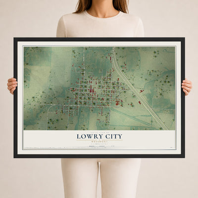 Map of Lowry City, Missouri, 24 x 36 inch print in a black wood frame