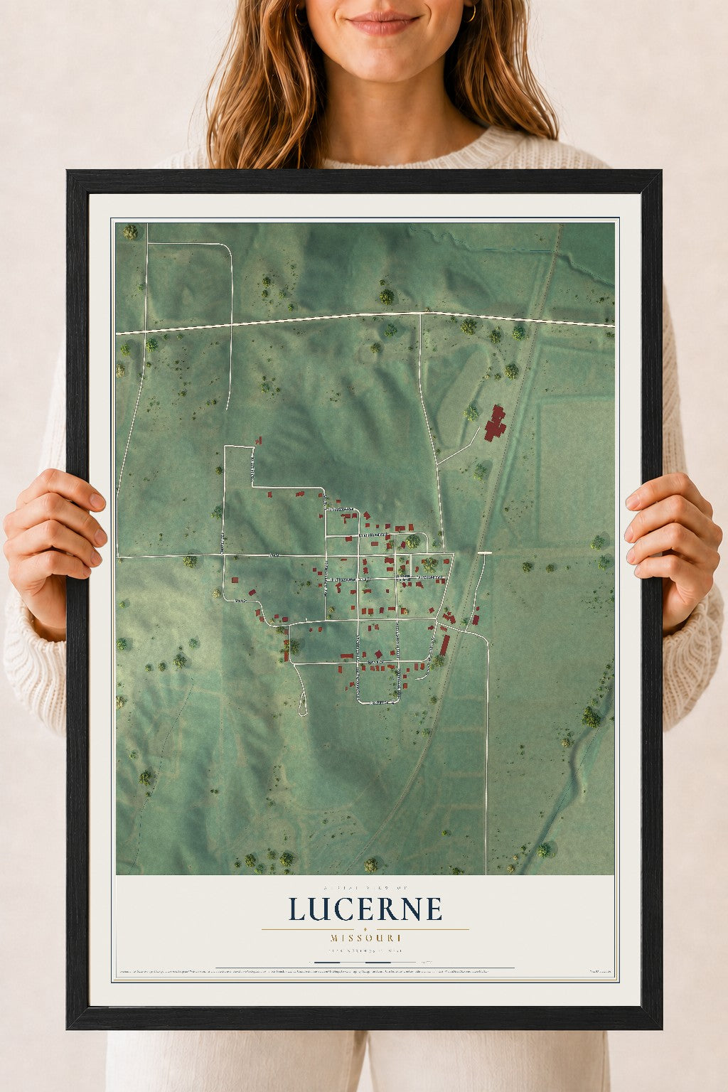 Map of Lucerne, Missouri, 18 x 24 inch print in a black wood frame