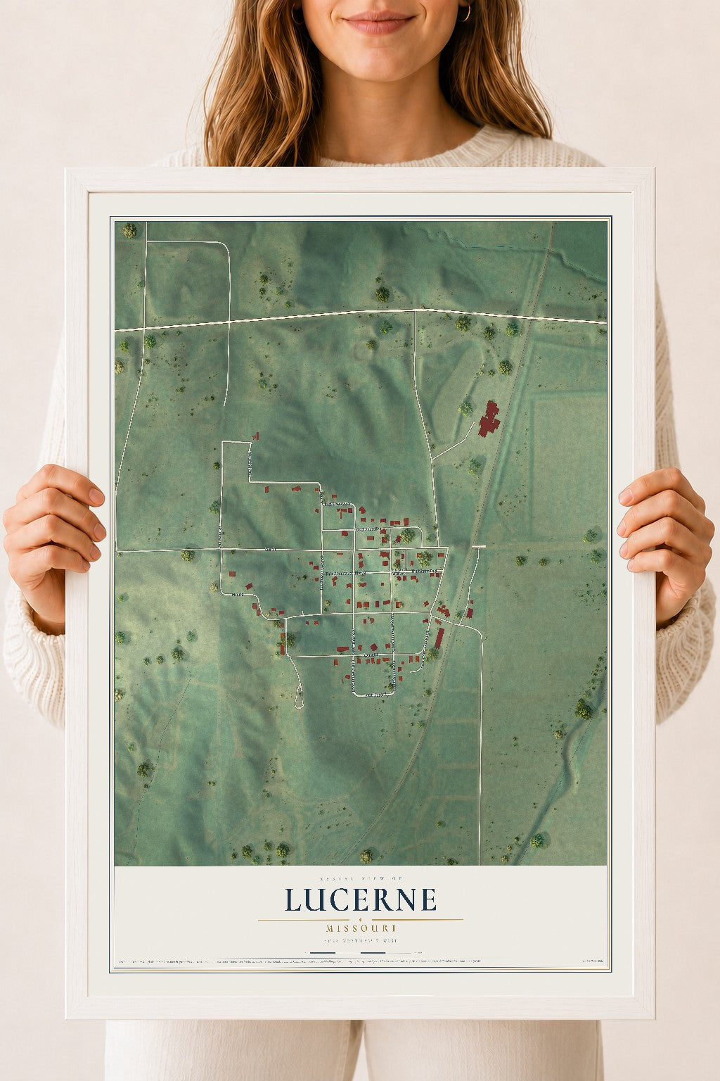 Map of Lucerne, Missouri, 18 x 24 inch print in a white wood frame