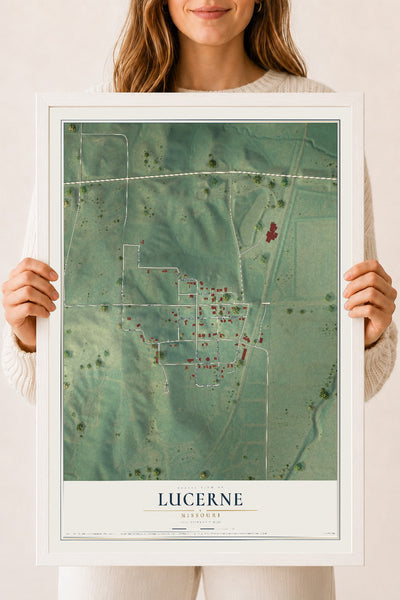 Map of Lucerne, Missouri, 18 x 24 inch print in a white wood frame