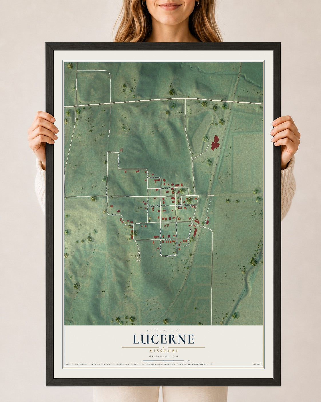 Map of Lucerne, Missouri, 24 x 36 inch print in a black wood frame