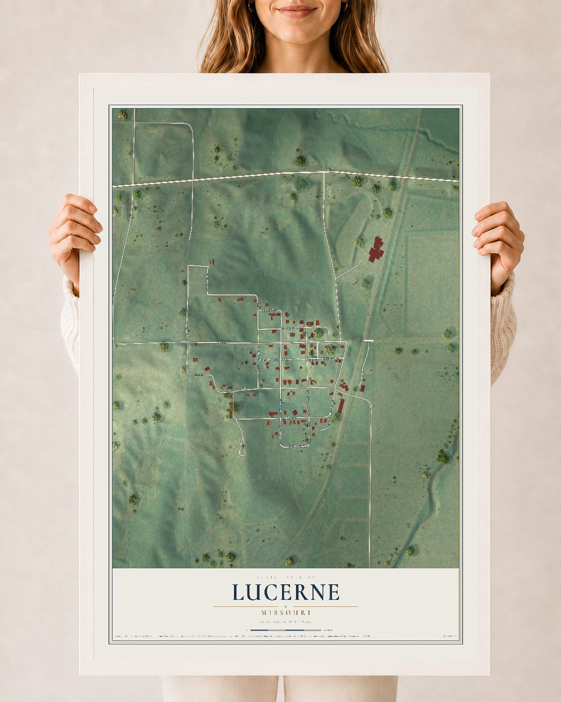 Map of Lucerne, Missouri, 24 x 36 inch print in a white wood frame