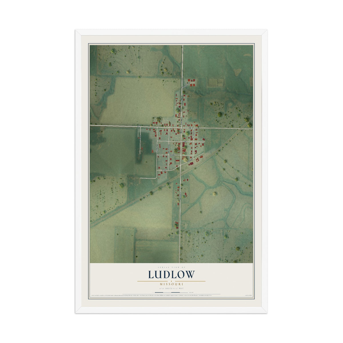 Map of Ludlow, Missouri, 12 x 18 inch print in a white wood frame