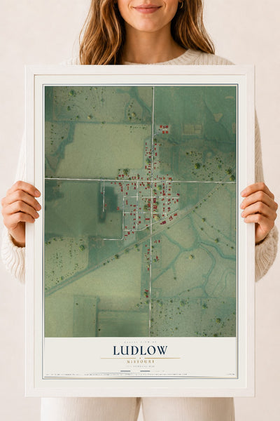 Map of Ludlow, Missouri, 18 x 24 inch print in a white wood frame