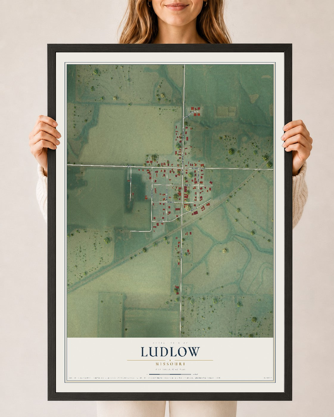 Map of Ludlow, Missouri, 24 x 36 inch print in a black wood frame