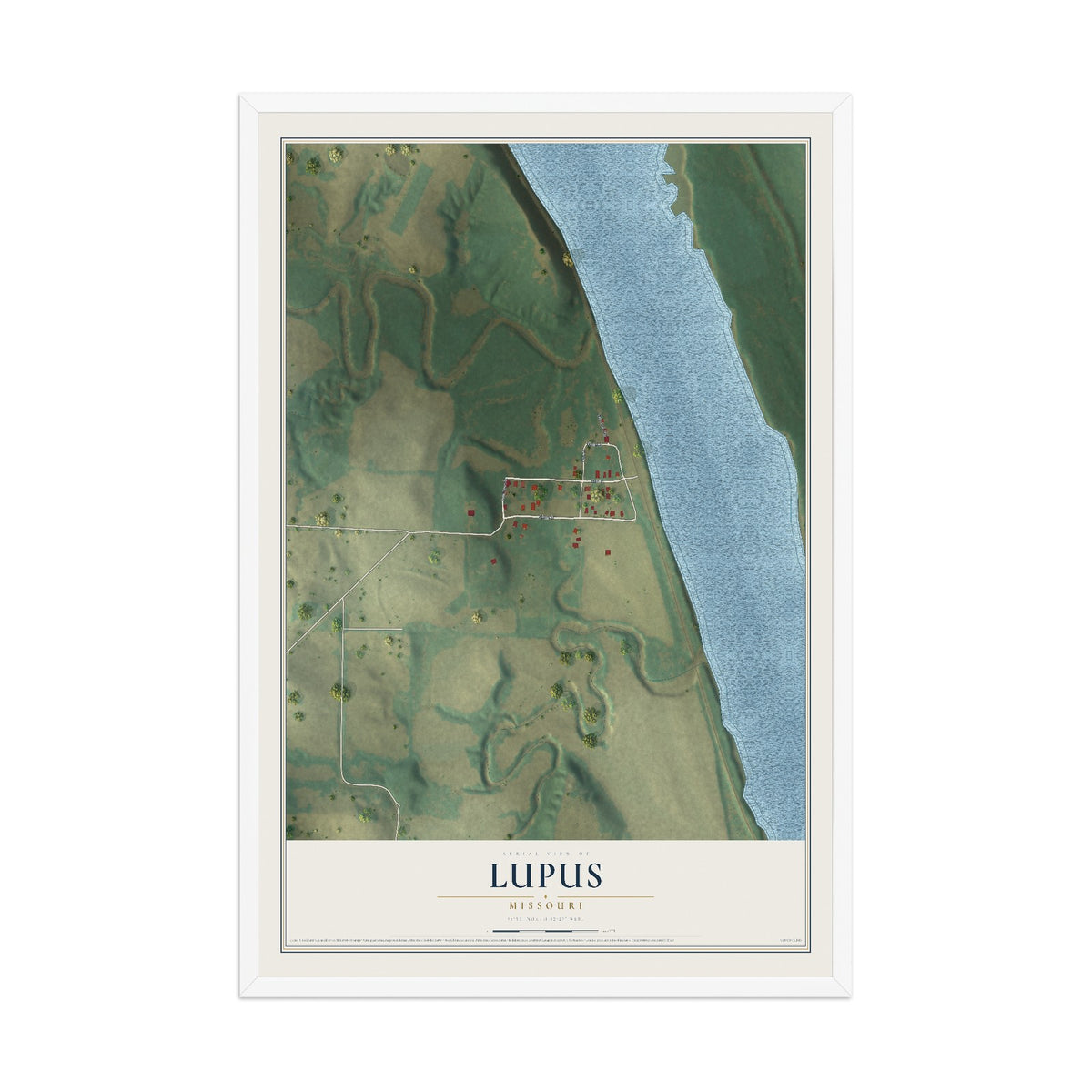 Map of Lupus, Missouri, 12 x 18 inch print in a white wood frame